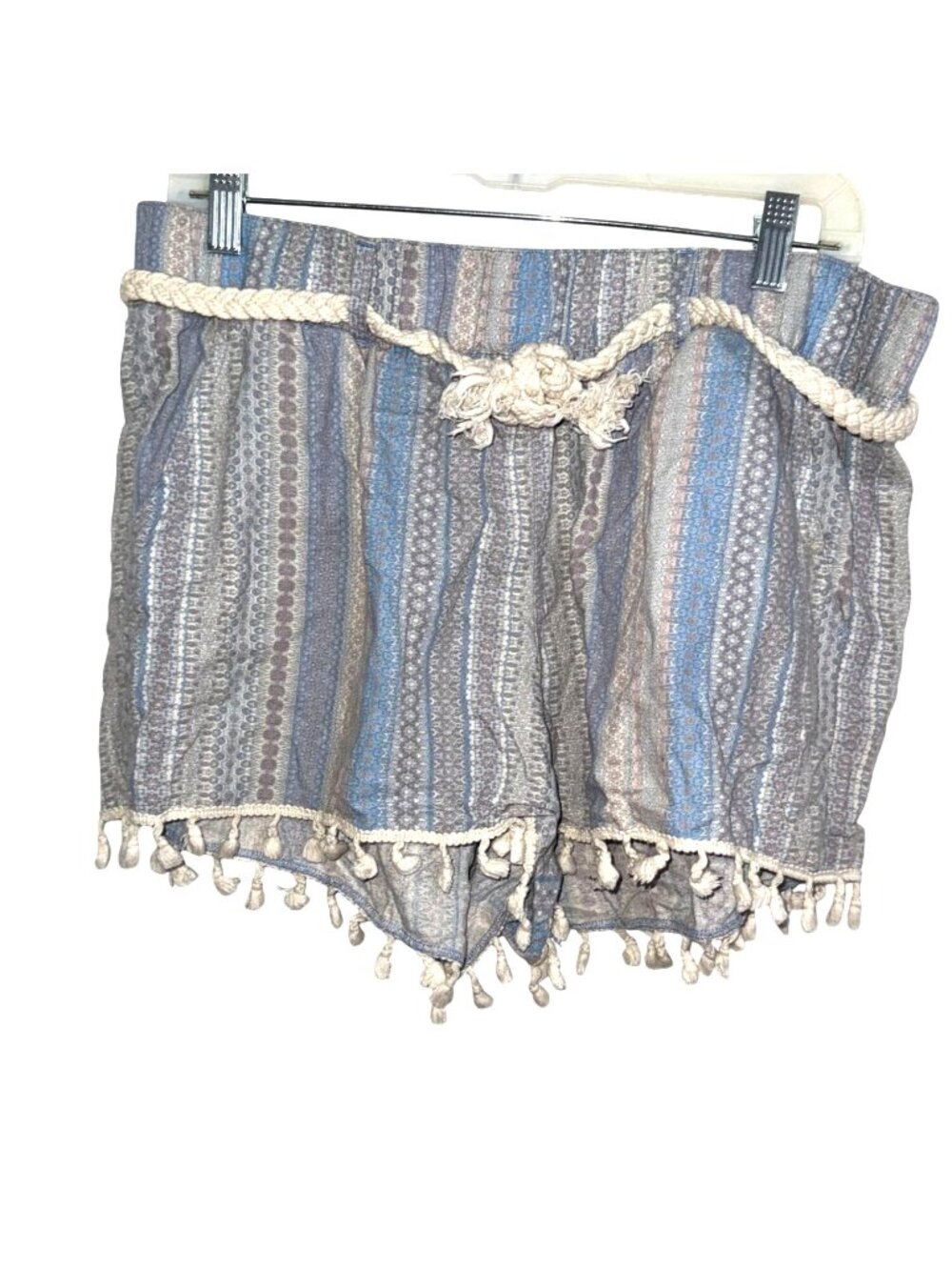 Rewash Womens XL Striped Boho Shorts With Braided Rope Belt & Tassel Trim